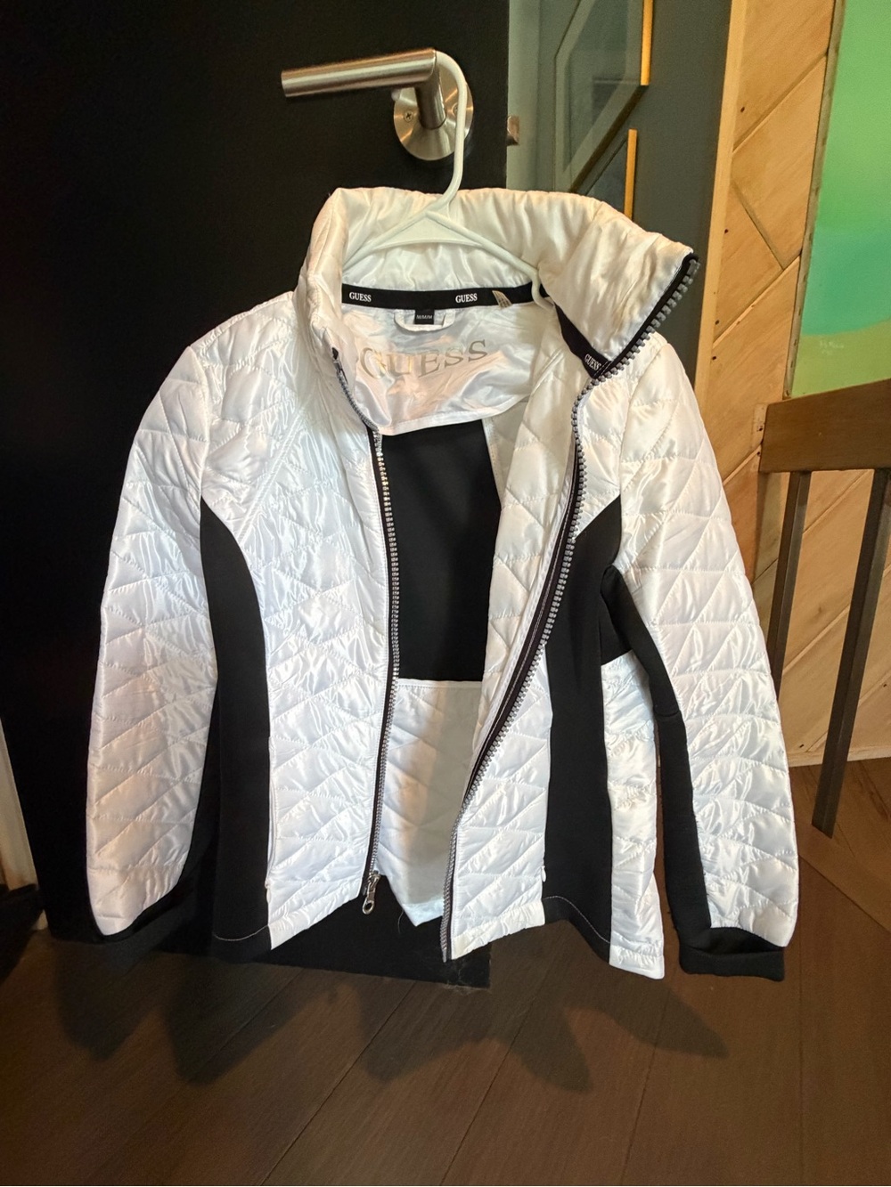 Guess White Quilted Jacket with Black Accent Trim